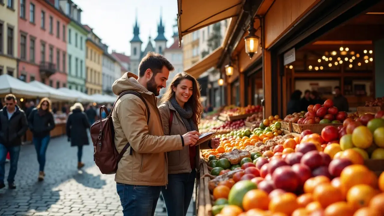 Para dowiedzieć się, ile kosztuje obiad w Czechach, przegląda rynek z owocami.