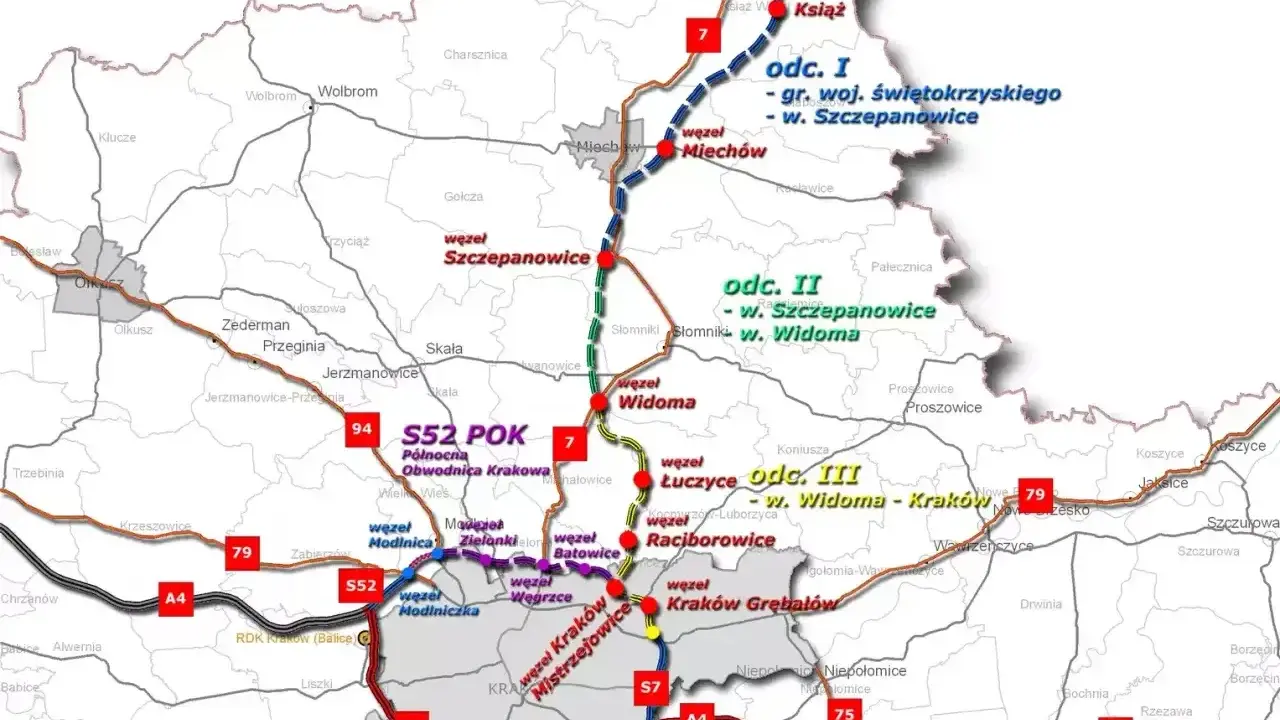 Mapa drogowa Polski z zaznaczonymi odcinkami dróg ekspresowych S52 i S7, węzłami i miastami.