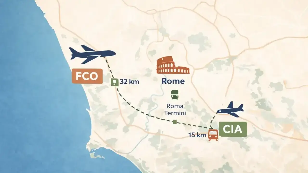 Mapa pokazuje lotniska FCO i CIA oraz odległości do Rzymu. Zastanawiasz się, ile się leci do Rzymu?