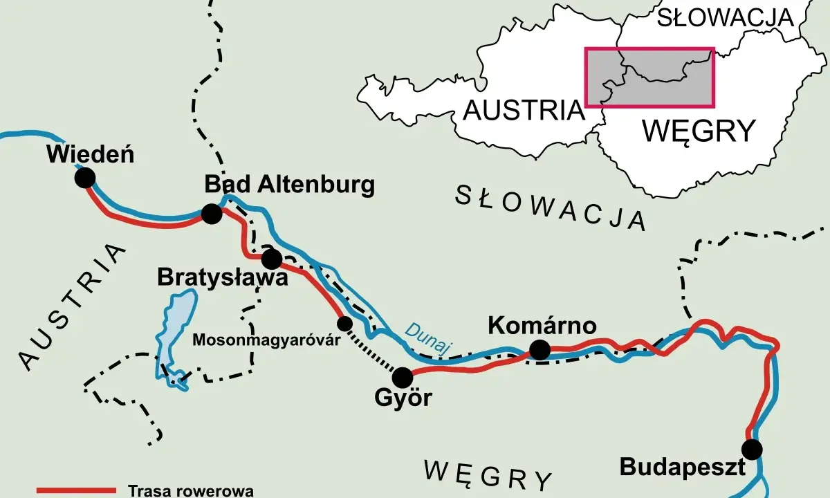 Mapa Europy Środkowej z zaznaczonym Dunajem, trasami rowerowymi i kolejowymi między Wiedniem a Budapesztem.