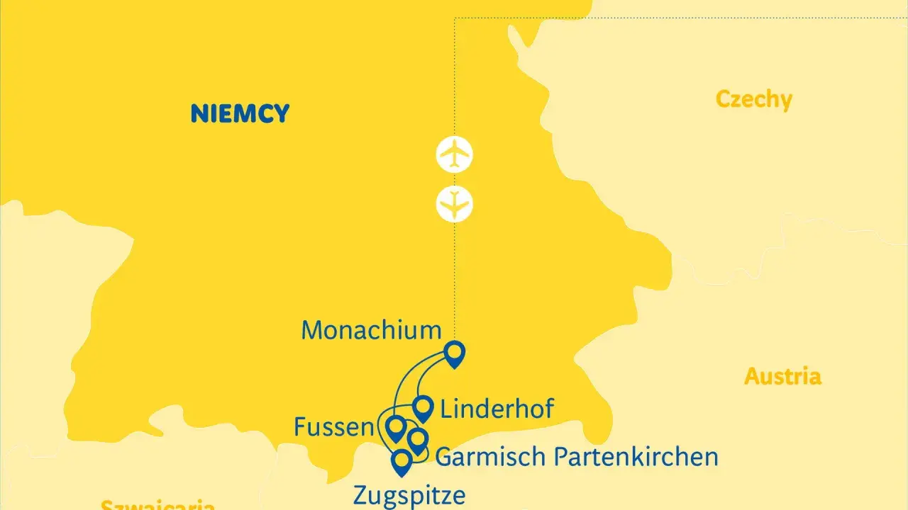 Mapa Bawarii z zaznaczonymi Monachium, Fussen, Linderhof, Garmisch-Partenkirchen i Zugspitze.