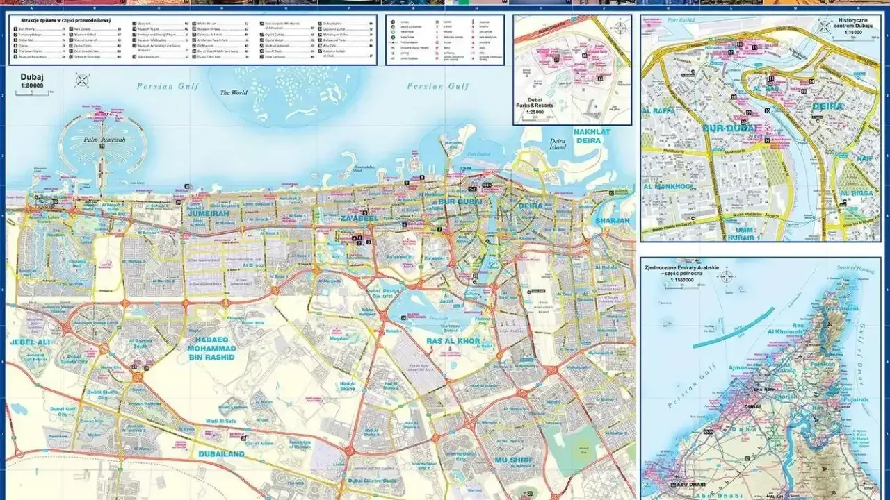 Mapa Dubaju z zaznaczonymi atrakcjami, Palm Jumeirah i Zatoką Perską.