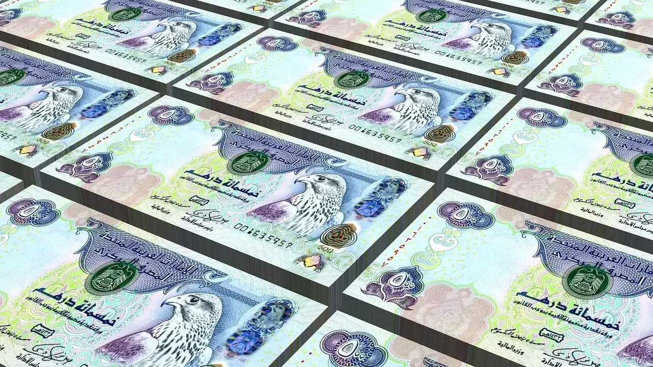 Paczka banknotów z Dubaju, pięćset dirhamów, z wizerunkiem sokoła. Waluta w Dubaju, symbol bogactwa i rozwoju.