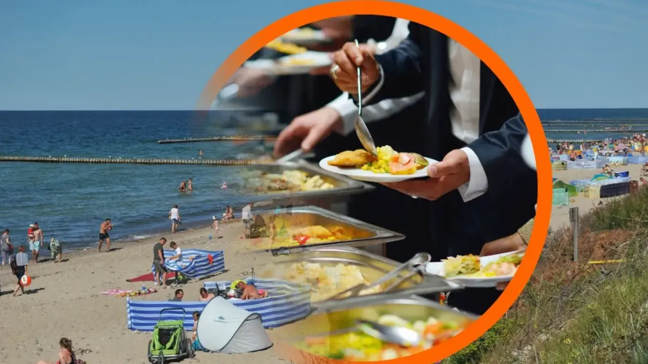 Plaża w Chorwacji, ludzie odpoczywają, a w tle bufet z jedzeniem. Sprawdź, jakie są ceny w Chorwacji, by zaplanować wakacje.
