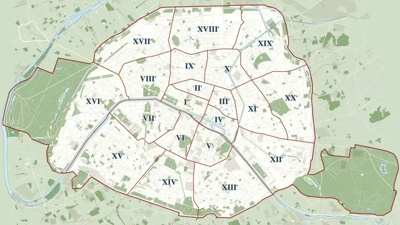 Mapa Paryża podzielona na dzielnice (arrondissements) z zaznaczonymi granicami.