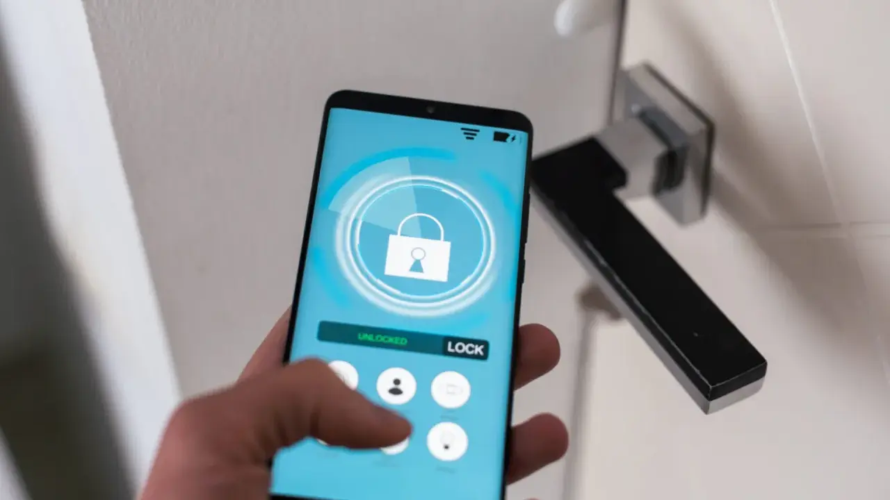 Smartfon z aplikacją do zarządzania domem. Widzimy ikonę otwartej kłódki i przycisk "LOCK". To jest właśnie check in co to.
