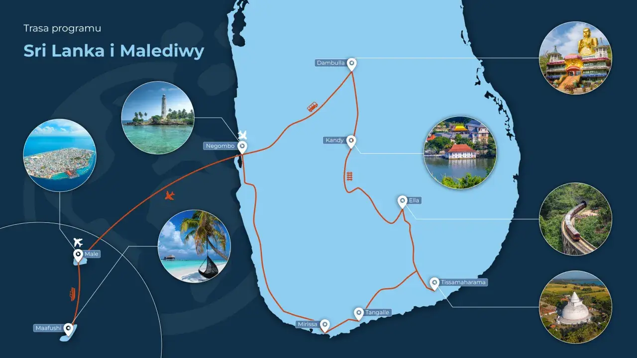 Mapa Sri Lanki i Malediwów z zaznaczonymi trasami podróży i zdjęciami atrakcji.