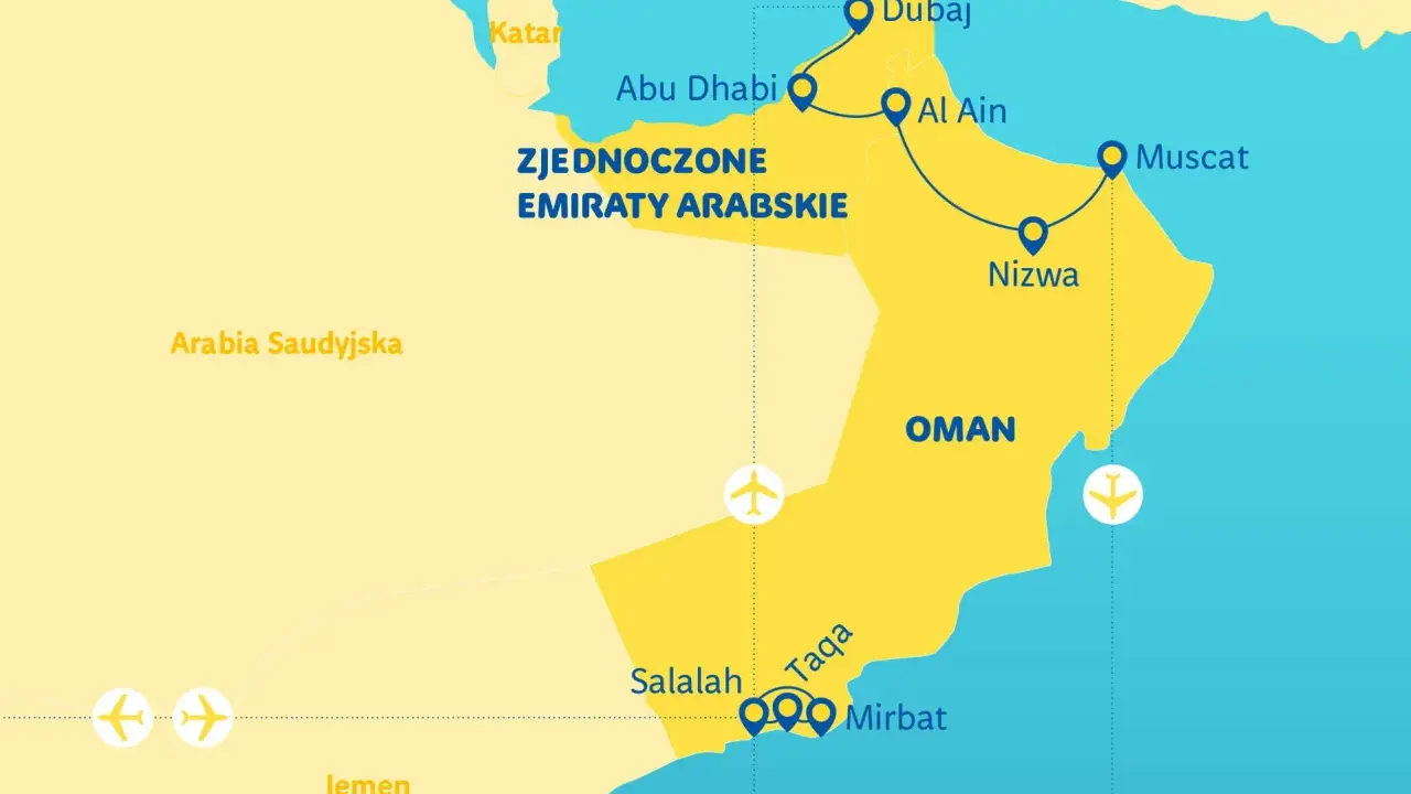 Mapa Półwyspu Arabskiego z zaznaczonym Omanem, Zjednoczonymi Emiratami Arabskimi i innymi krajami regionu.
