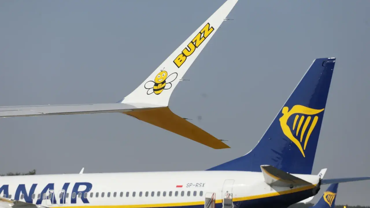 Samolot Buzz z pszczółką i napisami "BUZZ" oraz Ryanair. Czy to oznacza, że lot czarterowy co to jest, jest obsługiwany przez te linie?