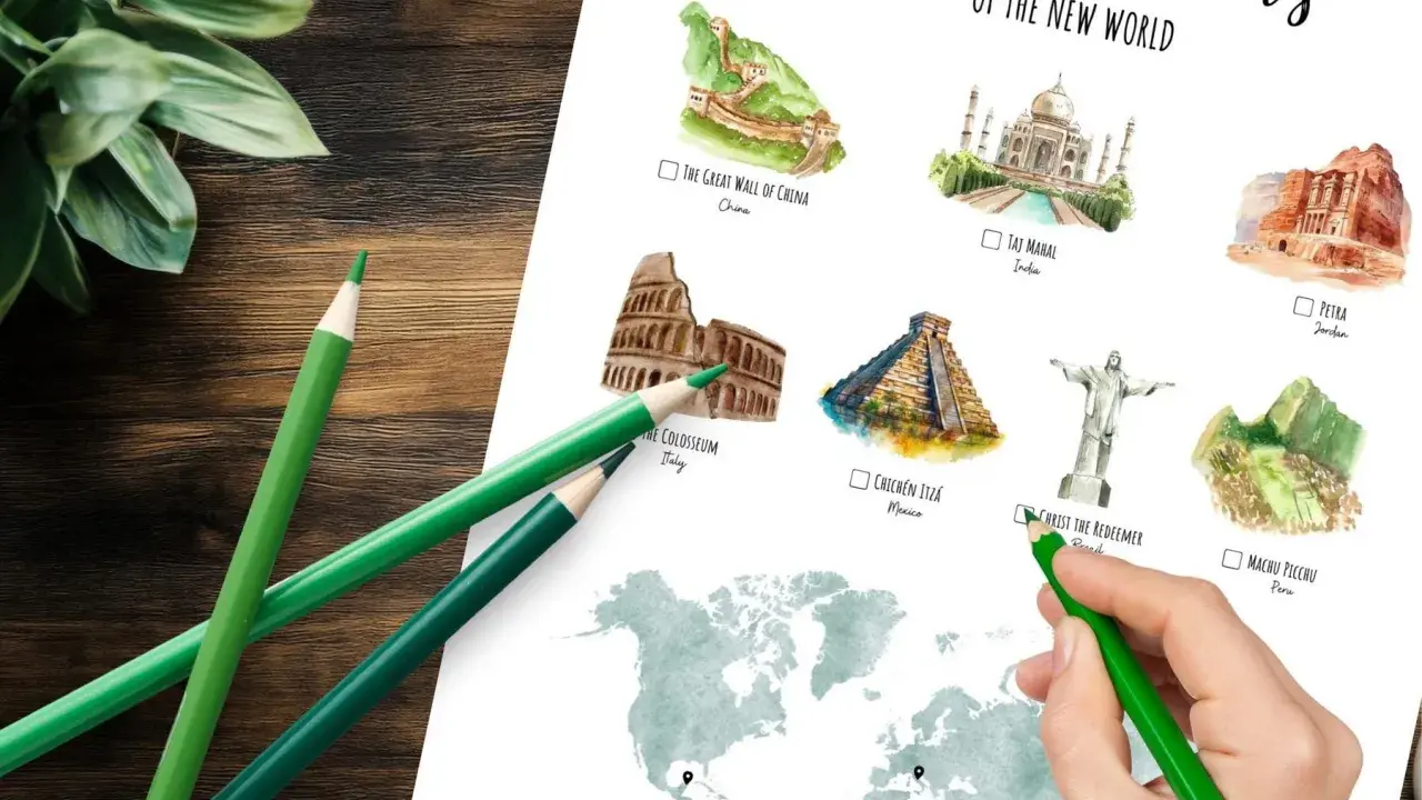 Ilustracje 7 cudów świata na mapie świata, zielone kredki i roślina.