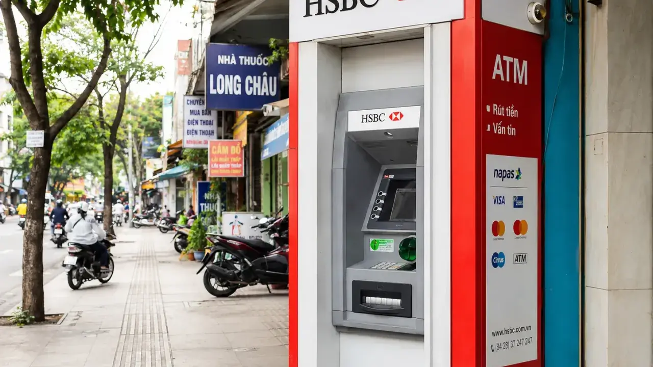 Bankomat HSBC w Hanoi, gotowy do wypłaty waluty. W tle widać ruchliwą ulicę z motocyklami i sklepami.