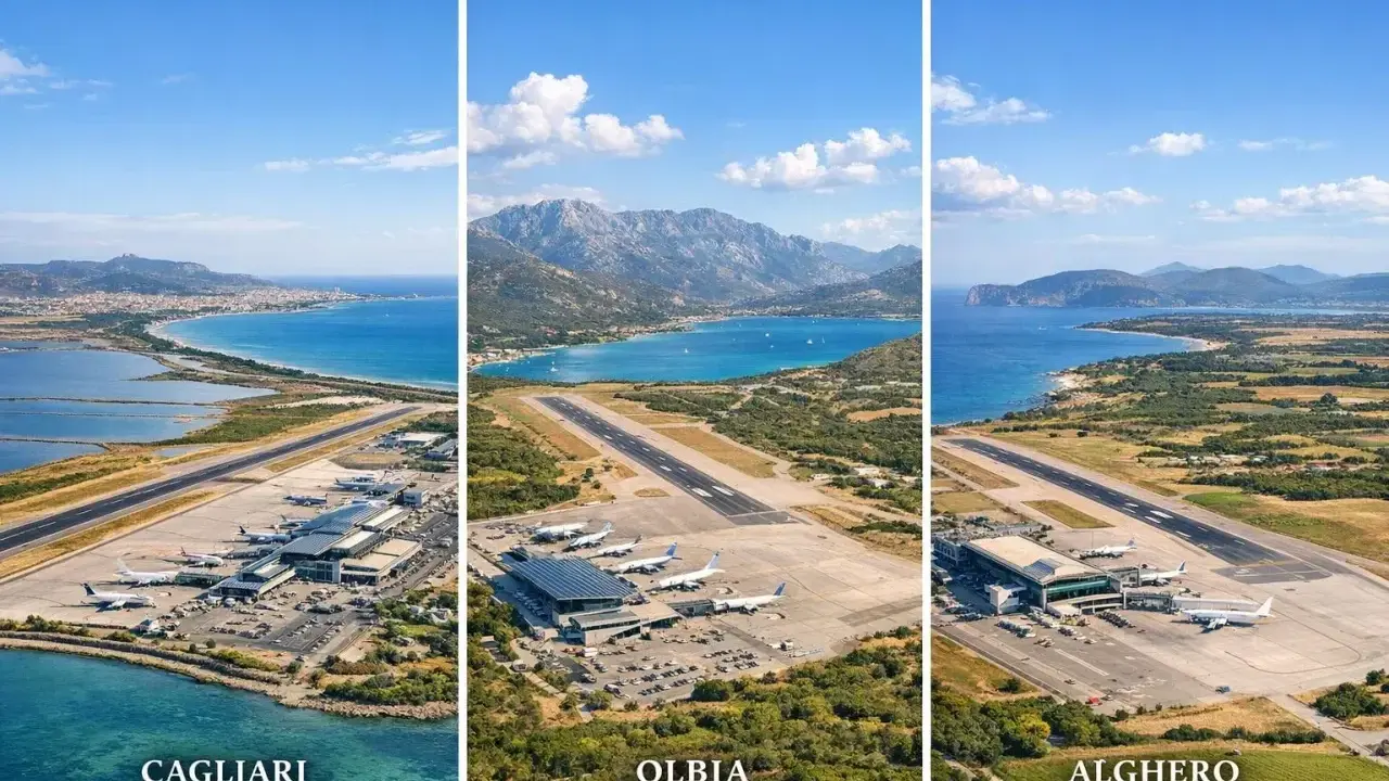 Trzy lotniska na Sardynii: Cagliari, Olbia i Alghero, z widokiem na morze i góry.