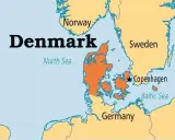 Mapa Danii z zaznaczoną Kopenhagą, otoczona przez Morze Północne, Bałtyk, Szwecję, Norwegię i Niemcy.