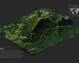 Trójwymiarowa mapa satelitarna Babiej Góry z zaznaczoną trasą i nazwami szczytów.