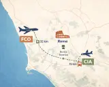 Mapa pokazuje lotniska Włoch: FCO (32 km od Rzymu) i CIA (15 km od Rzymu).