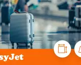 Szara walizka na lotnisku, obok ikon wymiarów i wagi. Logo easyJet.