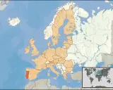 Mapa Europy z zaznaczoną na czerwono Portugalią.