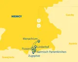 Mapa Bawarii z zaznaczonymi Monachium, Fussen, Linderhof, Garmisch-Partenkirchen i Zugspitze.