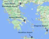 Mapa lotnisk w Grecji: Macedonia Airport, Athens Airport, Diagoras Airport, Heraklion Airport.