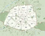 Mapa Paryża podzielona na dzielnice (arrondissements) z zaznaczonymi granicami.