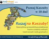 Mapa Kaszub złożona z małych zdjęć atrakcji, z napisem "Ruszaj na Kaszuby!".