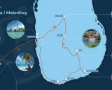 Mapa Sri Lanki i Malediwów z zaznaczonymi trasami podróży i zdjęciami atrakcji.