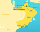 Mapa Półwyspu Arabskiego z zaznaczonym Omanem, Zjednoczonymi Emiratami Arabskimi i innymi krajami regionu.