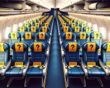 Puste miejsca w samolocie Ryanair, każde z żółtym zagłówkiem i znakiem zapytania. Czekasz na swój losowy wybór miejsca w samolocie?
