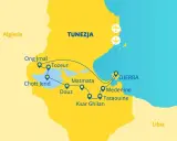 Mapa Tunezji z zaznaczonymi miastami: Tozeur, Djerba, Douz. Zastanawiasz się, ile się leci do Tunezji?