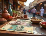 Na stole leżą banknoty, które są walutą Tunezji, obok miseczek z przyprawami i ziarnami.