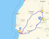 Mapa Maroka z zaznaczoną trasą podróży, miastami i górami.