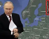 Władimir Putin na tle mapy Europy z zaznaczonym fragmentem Finlandii.