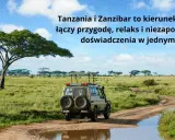 Samochód terenowy na drodze w afrykańskiej sawannie, z akacjami w tle.
