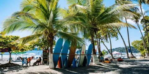 Palmy, deski surfingowe i plaża w Kostaryce.