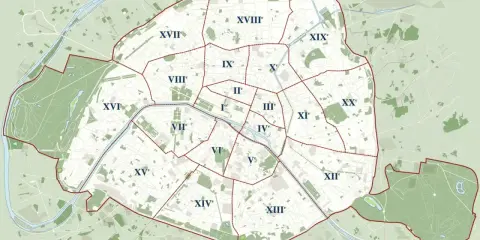 Mapa Paryża podzielona na dzielnice (arrondissements) z zaznaczonymi granicami.