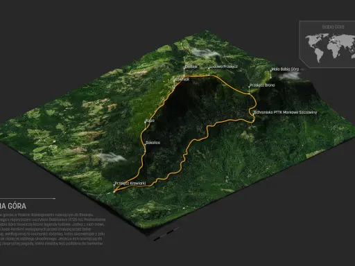 Trójwymiarowa mapa satelitarna Babiej Góry z zaznaczoną trasą i nazwami szczytów.