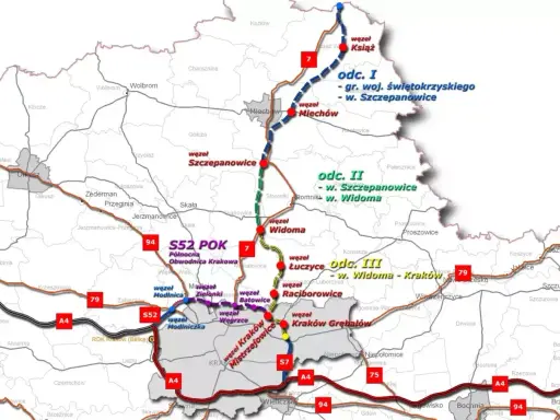 Mapa drogowa Polski z zaznaczonymi odcinkami dróg ekspresowych S52 i S7, węzłami i miastami.