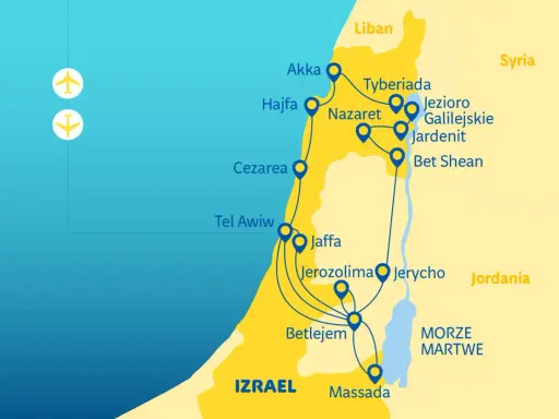 Mapa Izraela z zaznaczoną trasą podróży i lotniskami.