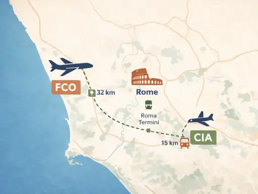 Mapa pokazuje lotniska FCO i CIA oraz odległości do Rzymu. Zastanawiasz się, ile się leci do Rzymu?