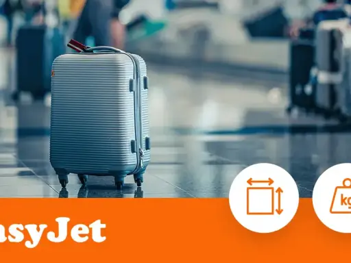 Szara walizka na lotnisku, obok ikon wymiarów i wagi. Logo easyJet.