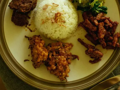 Pyszne danie z ryżem, tempeh, mięsem i warzywami. Idealne ceny na Bali dla smakoszy.
