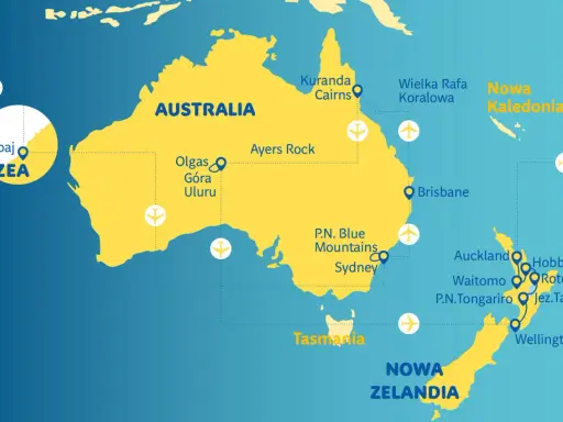 Mapa Australii i Nowej Zelandii z zaznaczonymi atrakcjami turystycznymi i lotniskami.