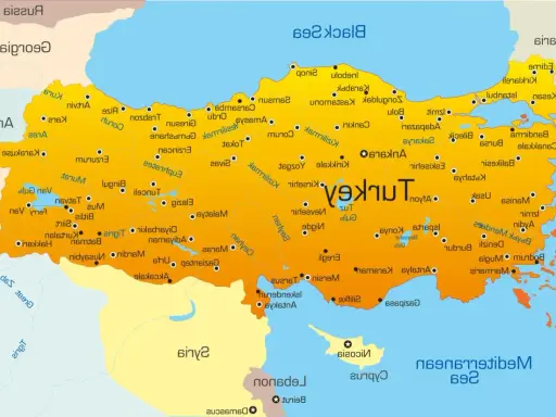 Mapa Turcji z zaznaczonymi regionami i miastami.