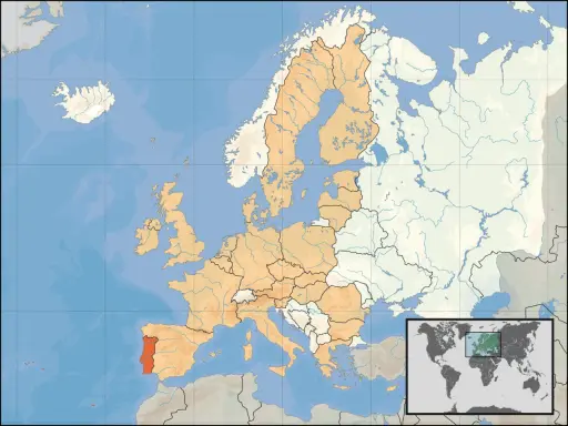 Mapa Europy z zaznaczoną na czerwono Portugalią.