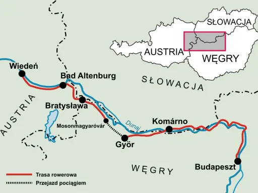 Mapa Europy Środkowej z zaznaczonym Dunajem, trasami rowerowymi i kolejowymi między Wiedniem a Budapesztem.