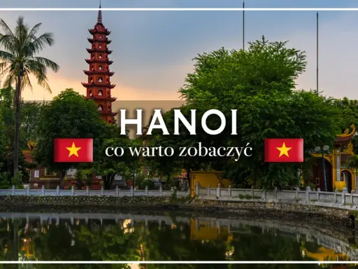 Pagoda w Hanoi nad jeziorem, z palmą i flagą Wietnamu.