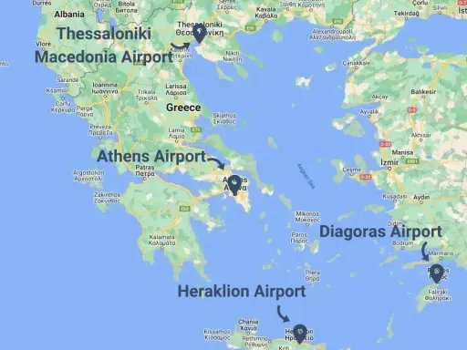 Mapa lotnisk w Grecji: Macedonia Airport, Athens Airport, Diagoras Airport, Heraklion Airport.