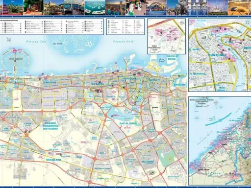 Mapa Dubaju z zaznaczonymi atrakcjami, Palm Jumeirah i Zatoką Perską.