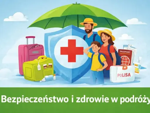 Rodzina pod parasolem ochrony z bagażem, apteczką i paszportem.