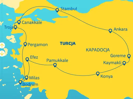 Mapa Turcji z zaznaczonymi miastami i trasą podróży: Stambuł, Ankara, Kapadocja, Pamukkale, Efez, Pergamon, Troja, Canakkale, Milas, Bodrum.
